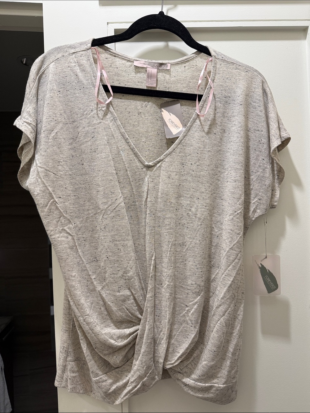 Forever 21 Light Heather Gray Twist-Front Short Sleeve Top with Pink Ribbon